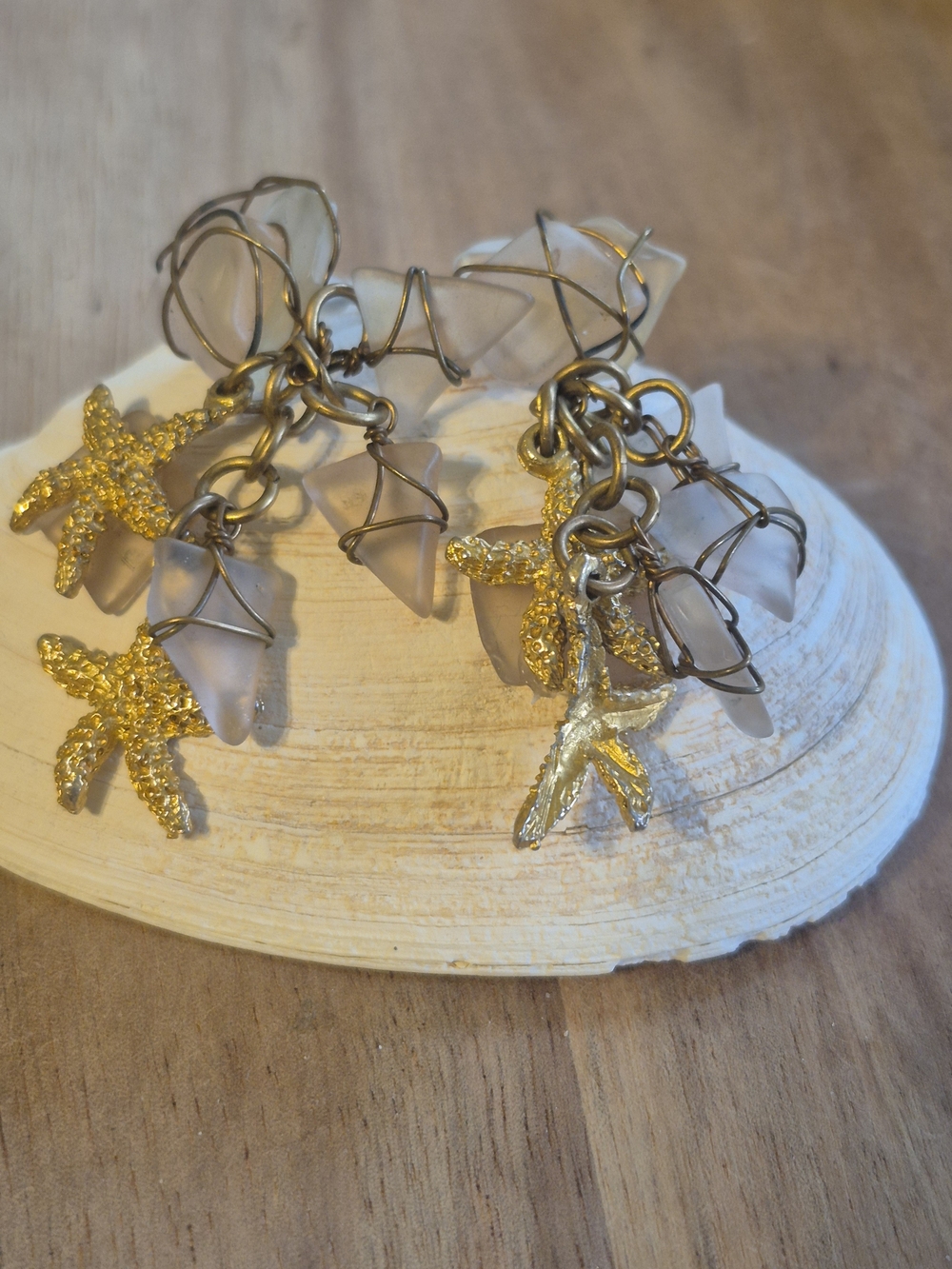 Gold Starfish & Sea Glass Charm Earrings